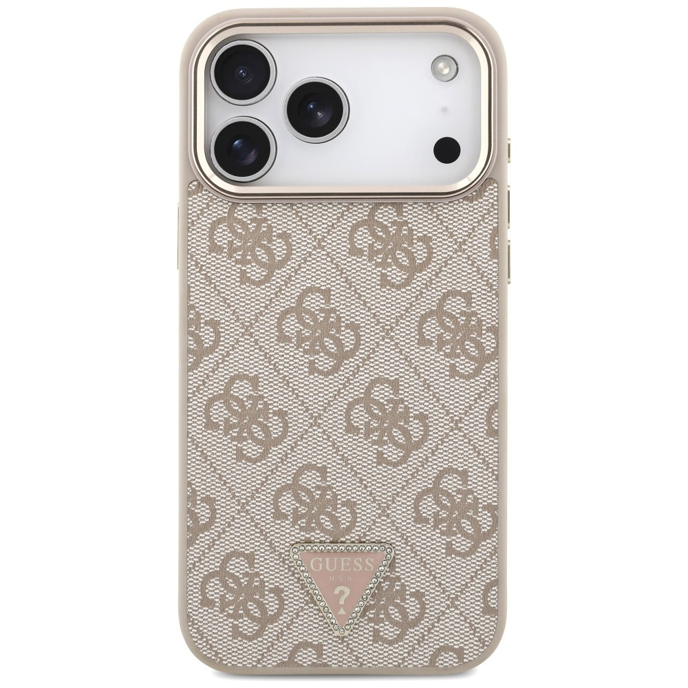 Guess iPhone 17 Pro Max - 4G Triangle Strass Logo MagSafe - Σκληρή Θήκη με Επένδυση Συνθετικού Δέρματος - Pink / Gold - GUHMP17XP4GTDGMP