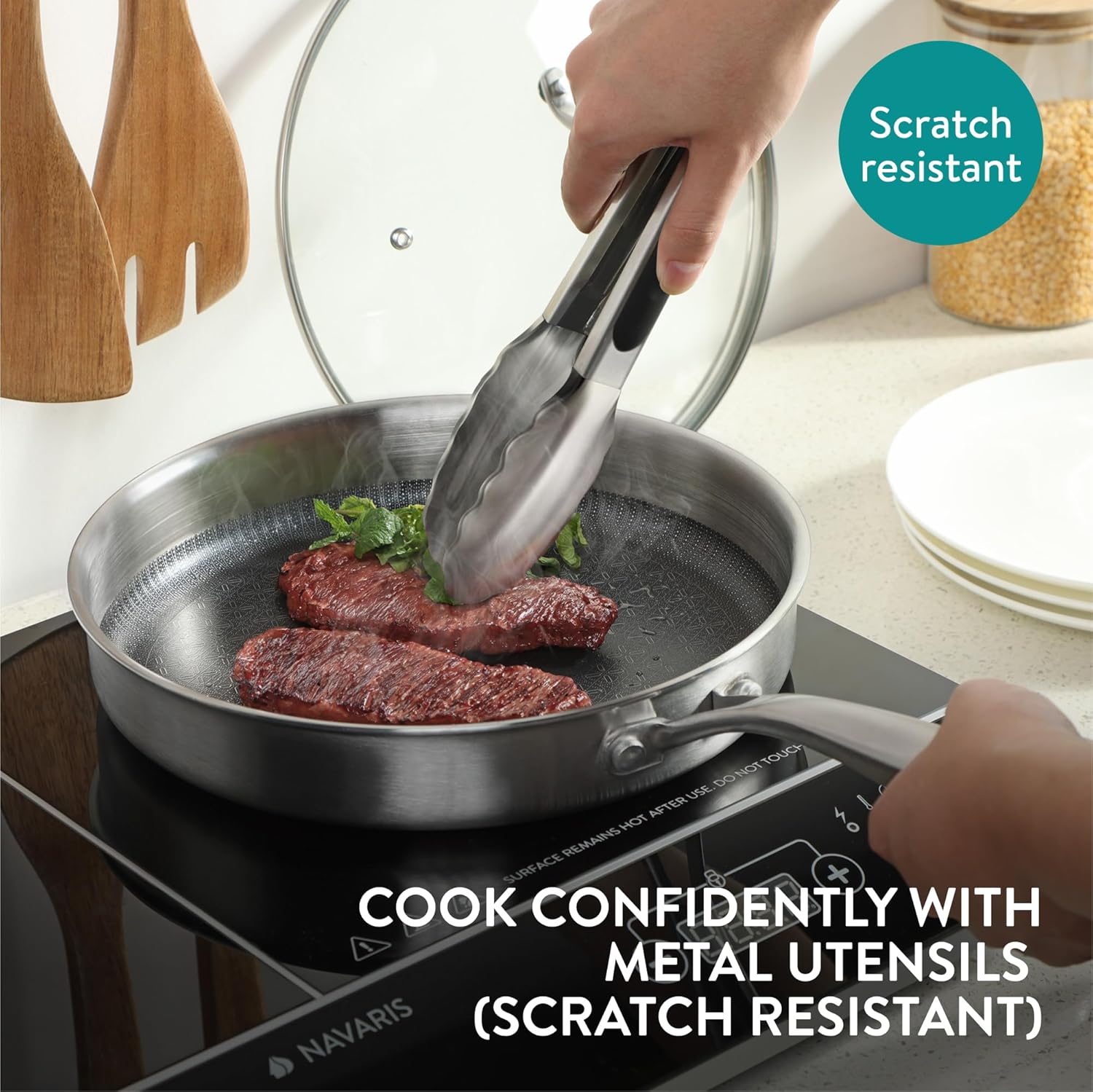 Navaris Ανοξείδωτο Τηγάνι με Γυάλινο Καπάκι - 25 cm - Silver