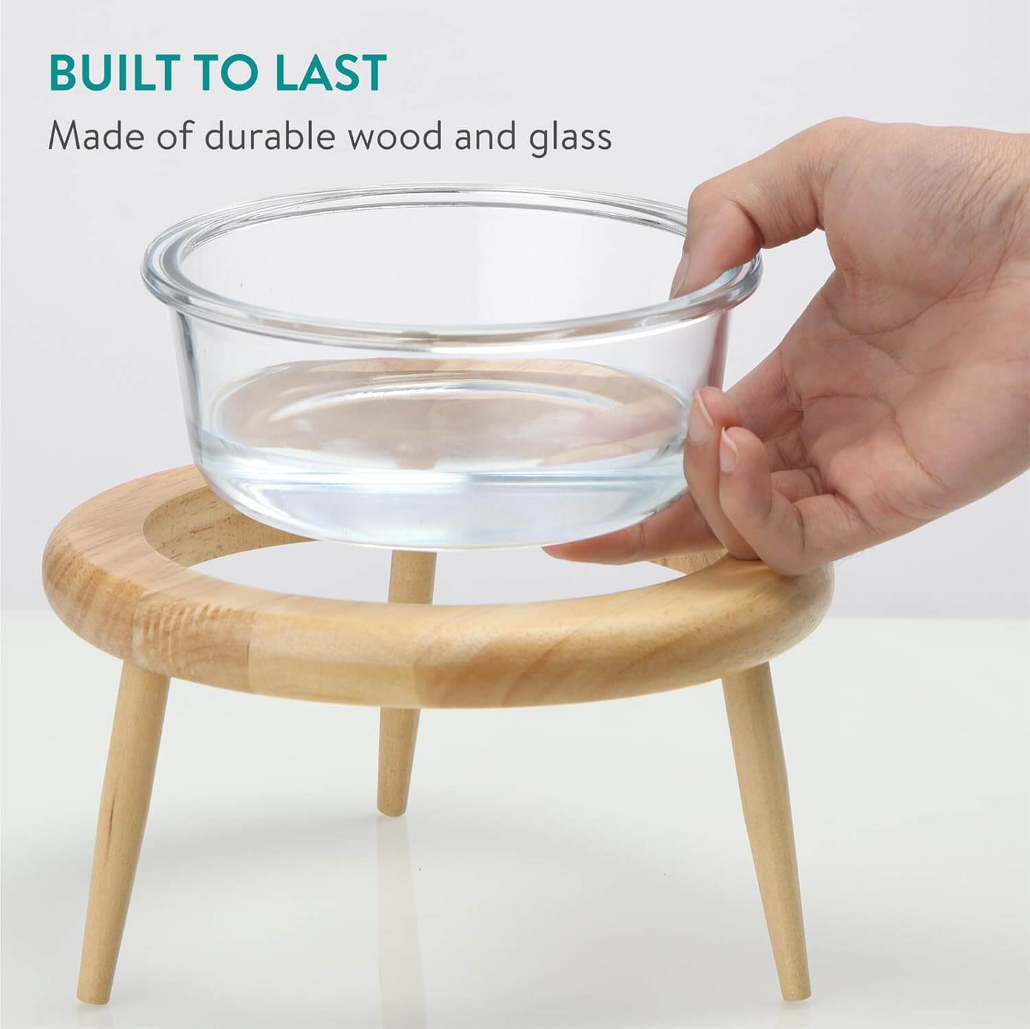 Navaris Ανυψωμένο Γυάλινο Μπολ Φαγητού με Ξύλινη Βάση για Κατοικίδια - 600 ml - Διάφανο / Wood