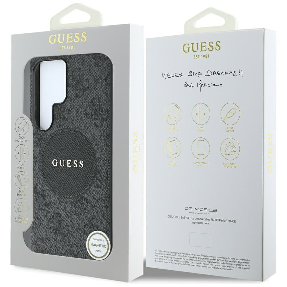 Guess Samsung Galaxy S25 Ultra - 4G Round Patch Classic Logo - Θήκη με Επένδυση Συνθετικού Δέρματος και MagSafe - Black - GUHMS25LP4PGRSGK