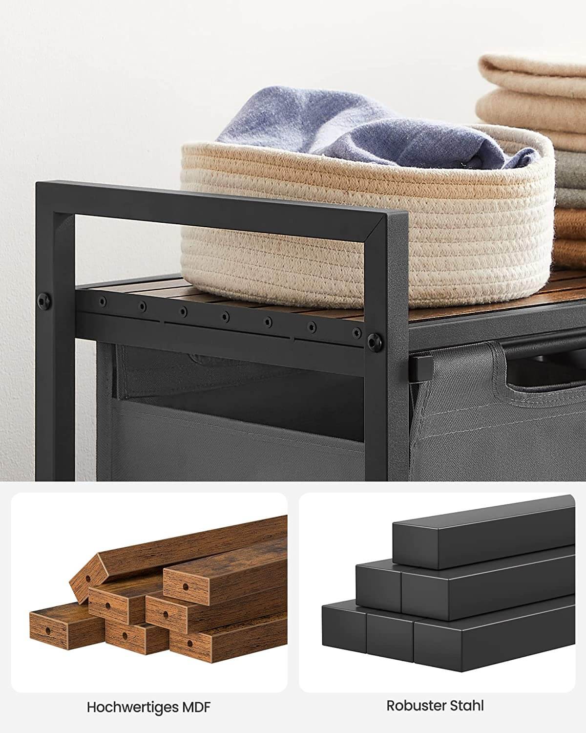 Vasagle Καλάθι Απλύτων με 2 Διαμερίσματα και Ράφι - 92L - Vintage Brown / Grey - BLH201G01