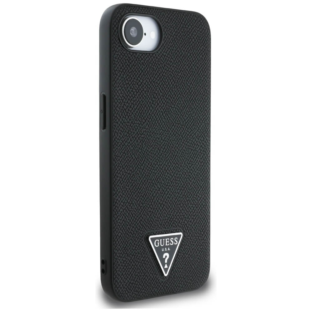 Guess iPhone 16e - Grained Triangle MagSafe - Σκληρή Θήκη με Επένδυση Συνθετικού Δέρματος και Πλαίσιο Σιλικόνης - Black - GUHMPSE4PGTSPSK