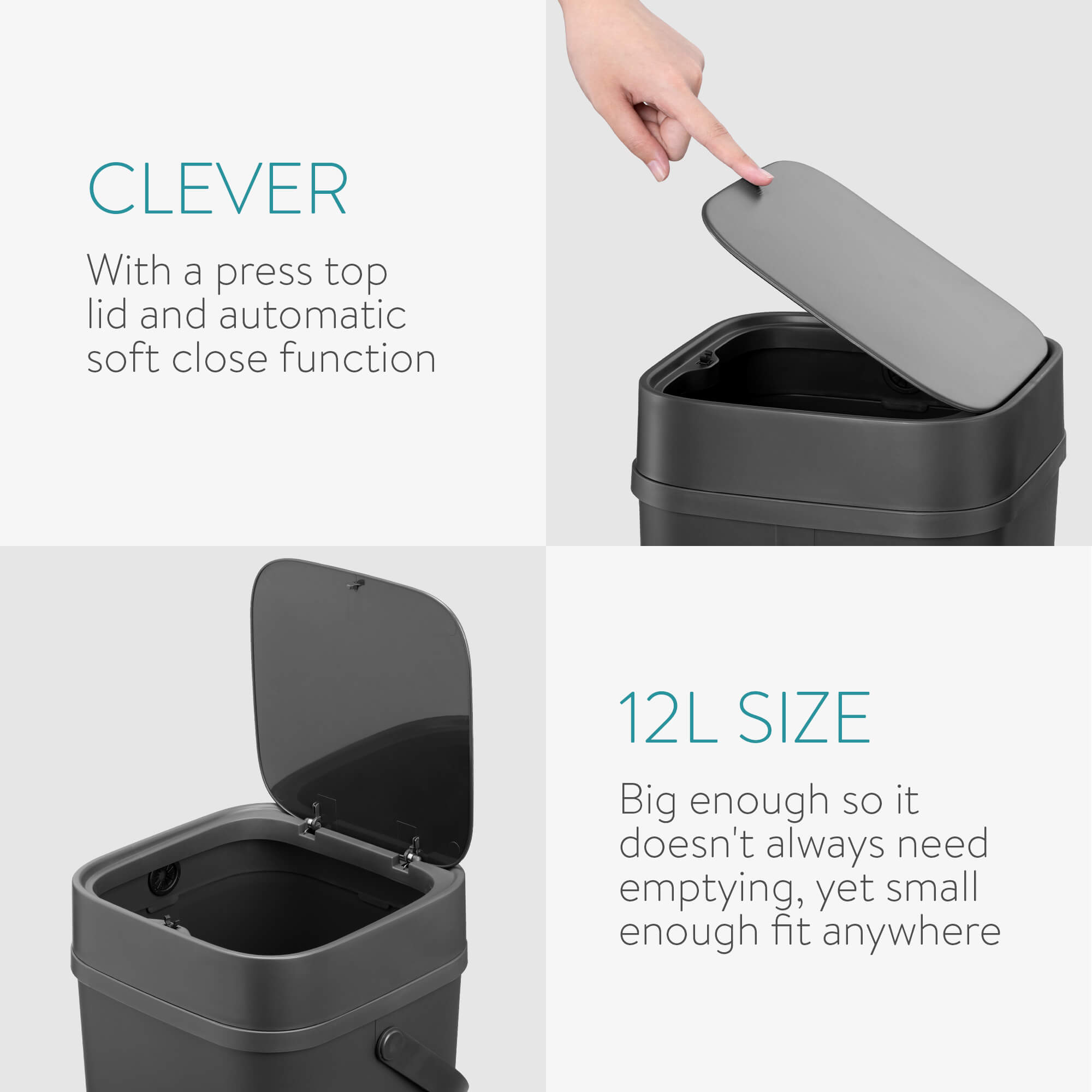 Navaris Κάδος Απορριμμάτων με Χερούλι και Καπάκι Πίεσης - 12L - Grey - 55639.01.19