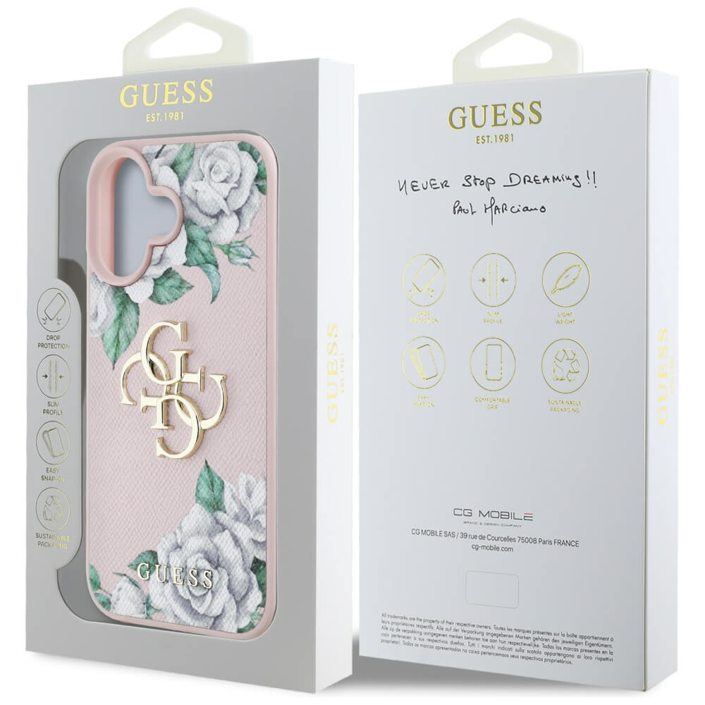 Guess iPhone 16 - Grained Roses Big 4G Logo - Σκληρή Θήκη με Επένδυση από Οικολογικό Δέρμα - Pink - GUHCP16SPGROP4MP