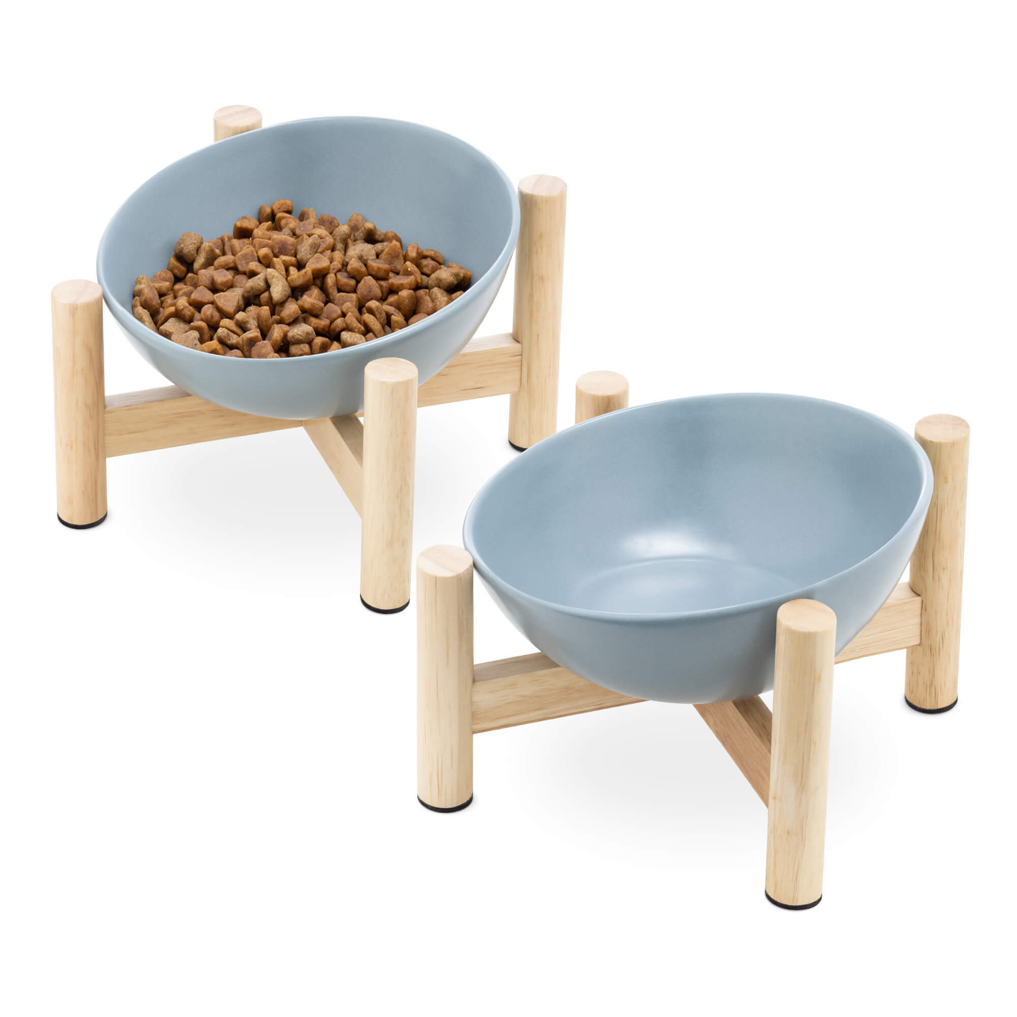 Navaris Σετ με 2 Μπολ Φαγητού και Νερού 300ml με Ξύλινη Βάση για Κατοικίδια - Blue / Light Brown - 56079.04