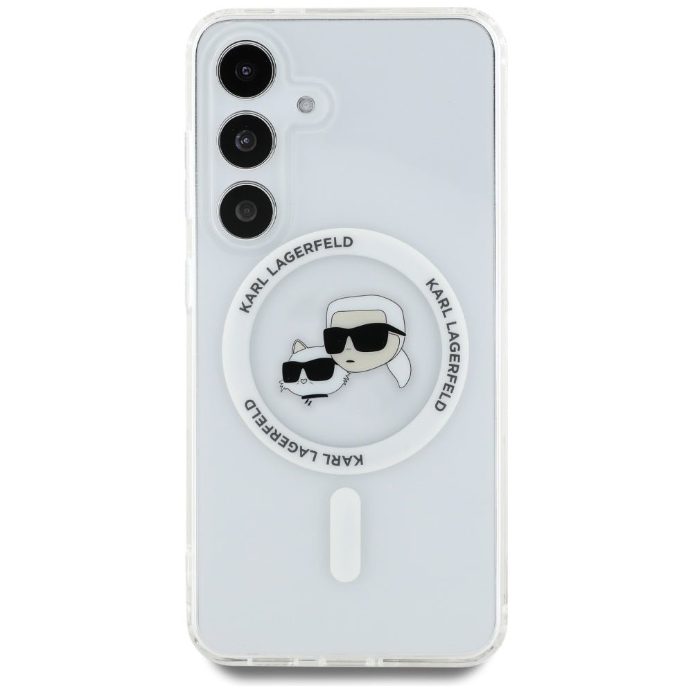 Karl Lagerfeld Samsung Galaxy S25 - Button Karl and Choupette Heads Printed Logo - MagSafe Σκληρή Θήκη με Πλαίσιο Σιλικόνης - White - KLHMS25SHLSKCH