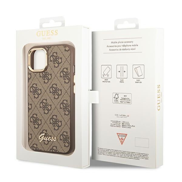 Guess iPhone 14 Plus 4G Vintage Gold Logo Σκληρή Θήκη με Πλαίσιο Σιλικόνης - Brown - GUHCP14MHG4SHW