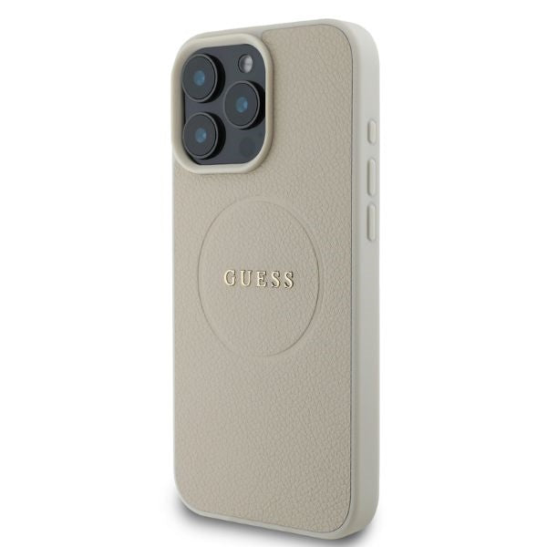 Guess iPhone 16 Pro Max - Grained Gold Ring - MagSafe Σκληρή Θήκη από Οικολογικό Δέρμα - Beige - GUHMP16XPGHSMME