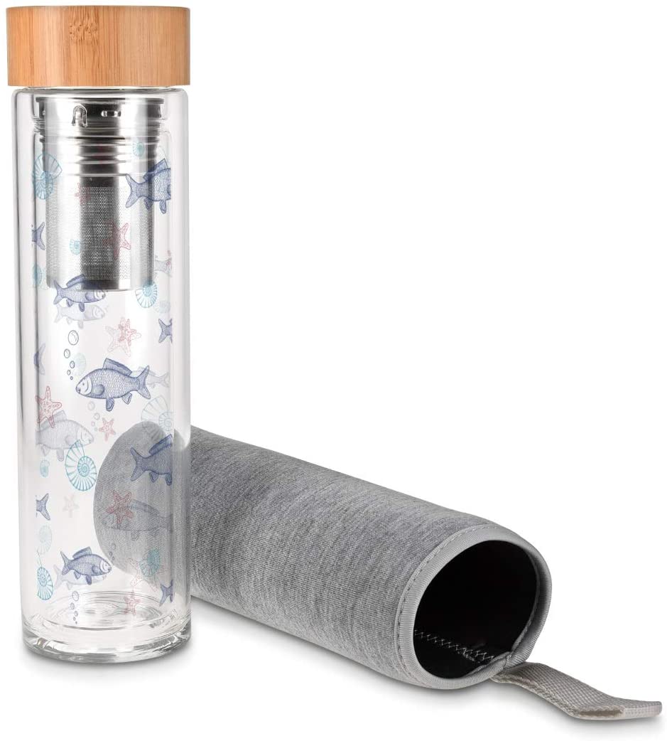 Navaris Γυάλινο Μπουκάλι Τσαγιού με Θήκη μεταφοράς - 500ml - Design Fish - Clear - 45888.2.06