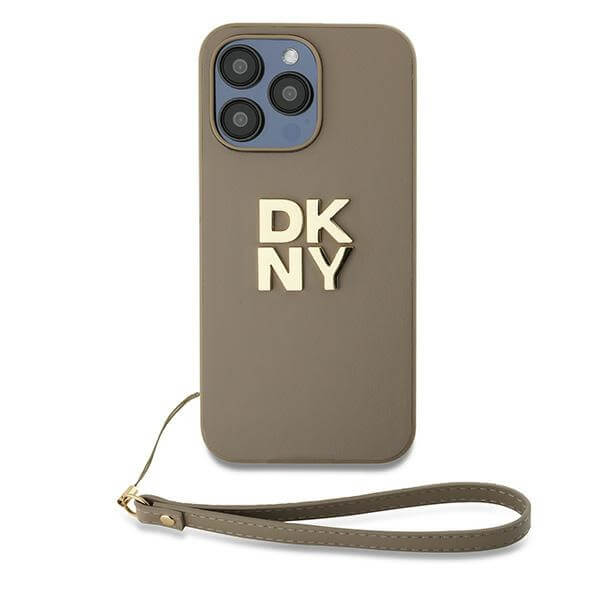 DKNY iPhone 15 Pro Max - Wrist Strap Stock Logo - Σκληρή Θήκη με Επένδυση Συνθετικού Δέρματος και Λουράκι - Beige