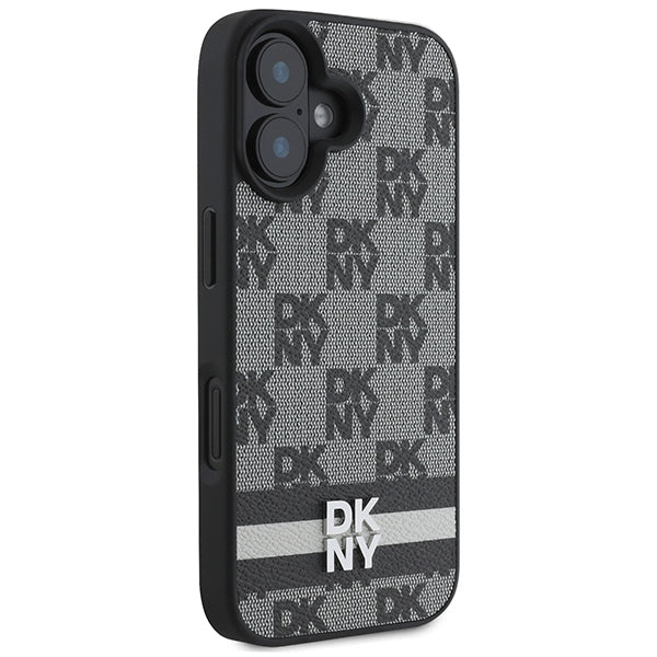 DKNY iPhone 16 - Checkered Pattern and Printed Stripes - Σκληρή Θήκη με Επένδυση Συνθετικού Δέρματος - Black
