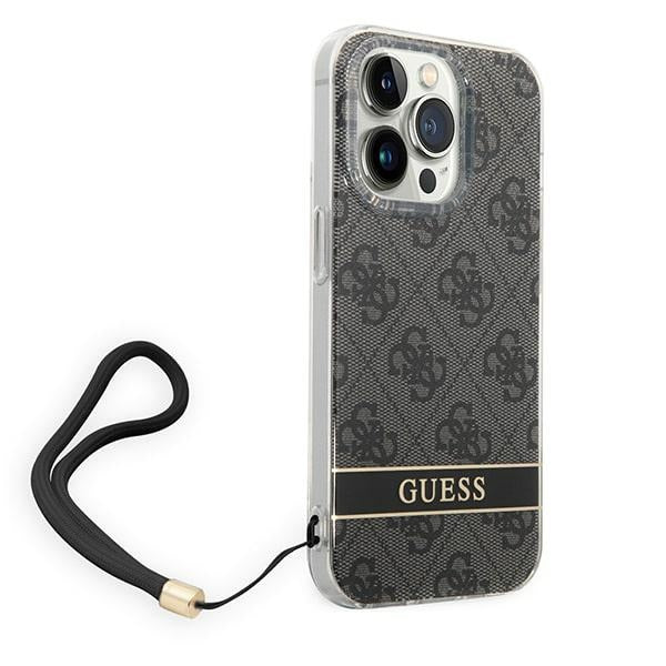 Guess iPhone 14 Pro Max 4G Print Strap Σκληρή Θήκη με Πλαίσιο Σιλικόνης και Λουράκι - Black - GUOHCP14XH4STK