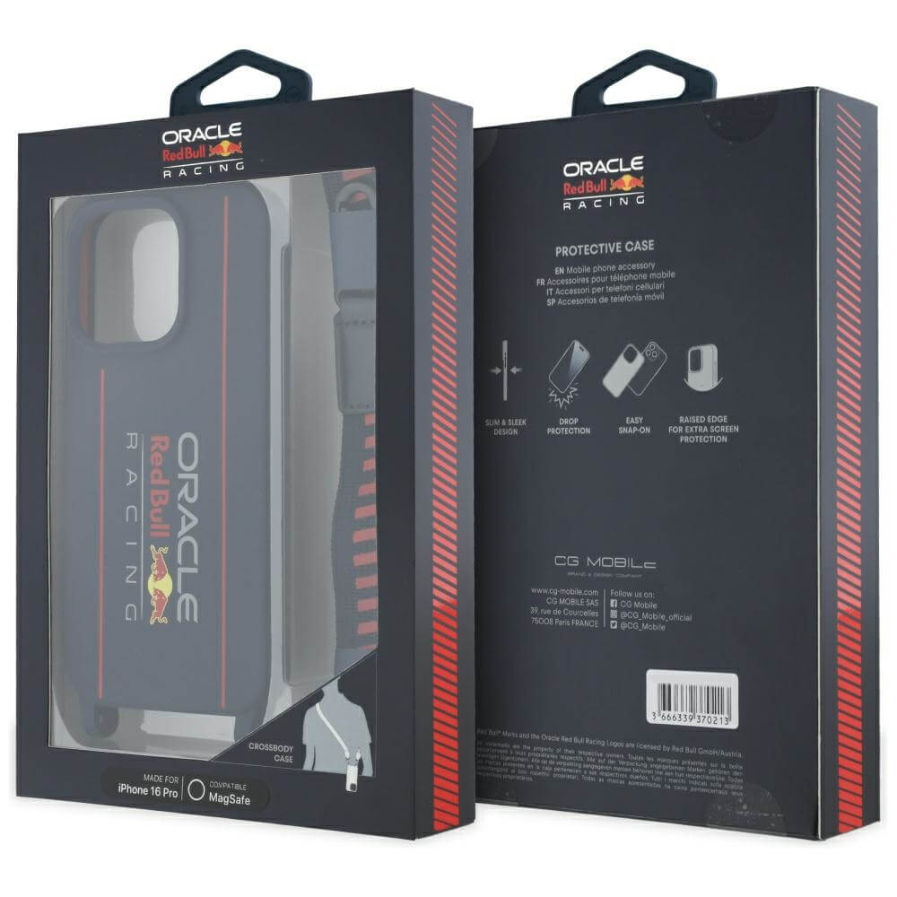 Red Bull iPhone 16 Pro - Silicone Strap and Vertical Logo - MagSafe Σκληρή Θήκη με Πλαίσιο Σιλικόνης και Λουράκι - Navy Blue - RBHMP16L24SISOLRV