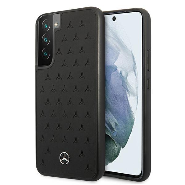 Mercedes Samsung Galaxy S22 Plus Stars Pattern Σκληρή Θήκη με Επένδυση Γνήσιου Δέρματος και Πλαίσιο Σιλικόνης - Black - MEHCS22MPSQBK