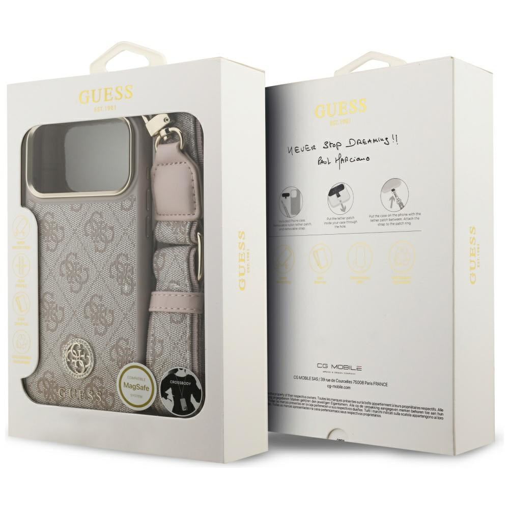 Guess iPhone 17 Pro Max - 4G Strass Logo and Big Strap Metal Buttons MagSafe - Θήκη με Επένδυση Συνθετικού Δέρματος και Λουράκι - Pink - GUHMP17XP4G4DCSP