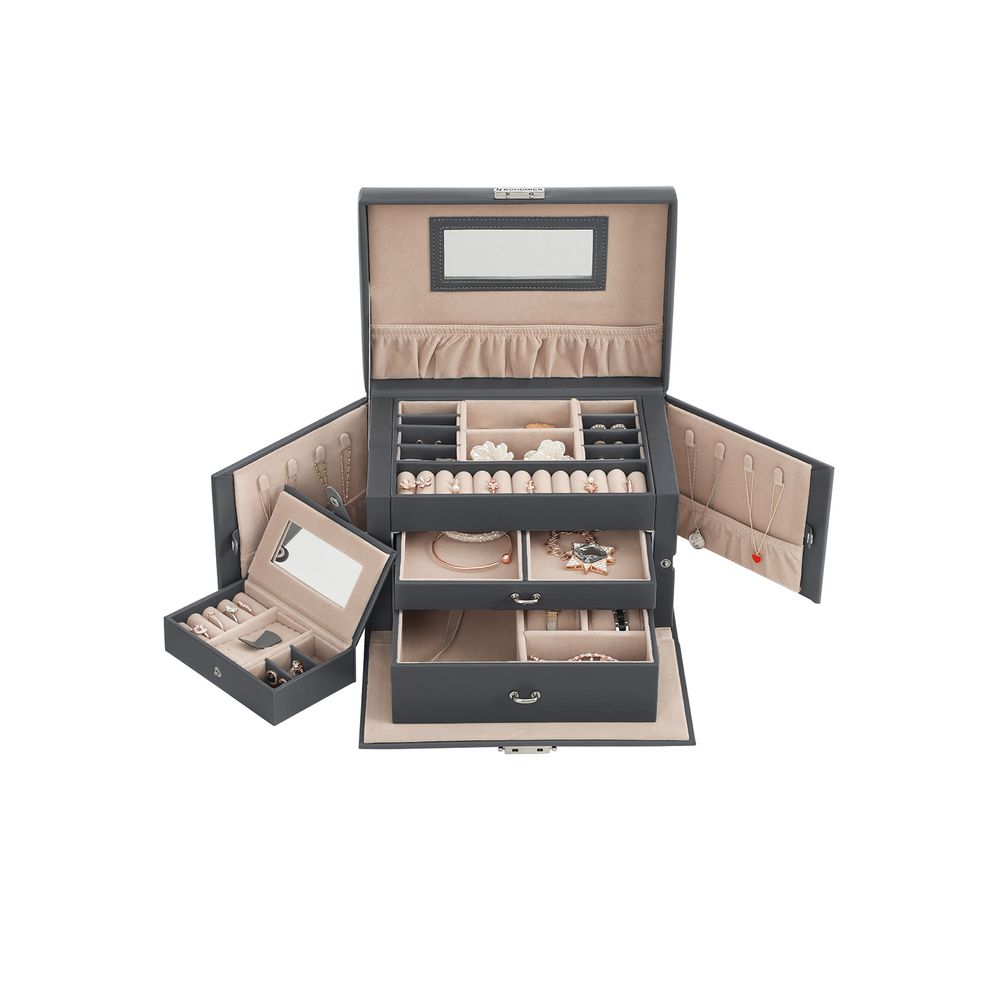 Songmics Φορητό Κουτί Αποθήκευσης Κοσμημάτων 3 Επιπέδων με Καθρέπτη και Κλειδαριά - Grey - JBC121G01