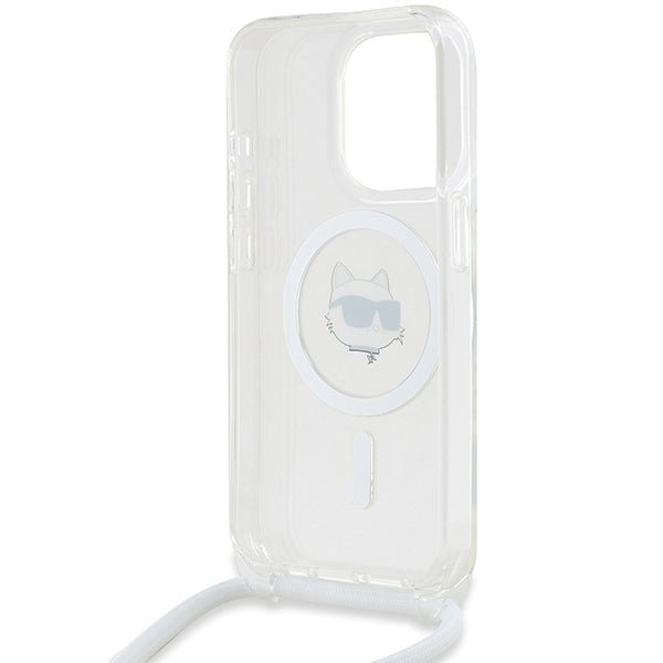 Karl Lagerfeld iPhone 15 Pro Max - IML Choupette Head and Cord - MagSafe Σκληρή Θήκη με Πλαίσιο Σιλικόνης και Λουράκι - Διάφανη - KLHMP15XHCCHNT