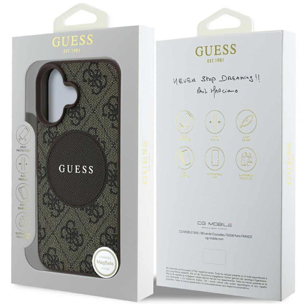 Guess iPhone 16 - 4G Circle Classic Logo - MagSafe Θήκη με Επένδυση Συνθετικού Δέρματος - Brown - GUHMP16SP4PGRSGW