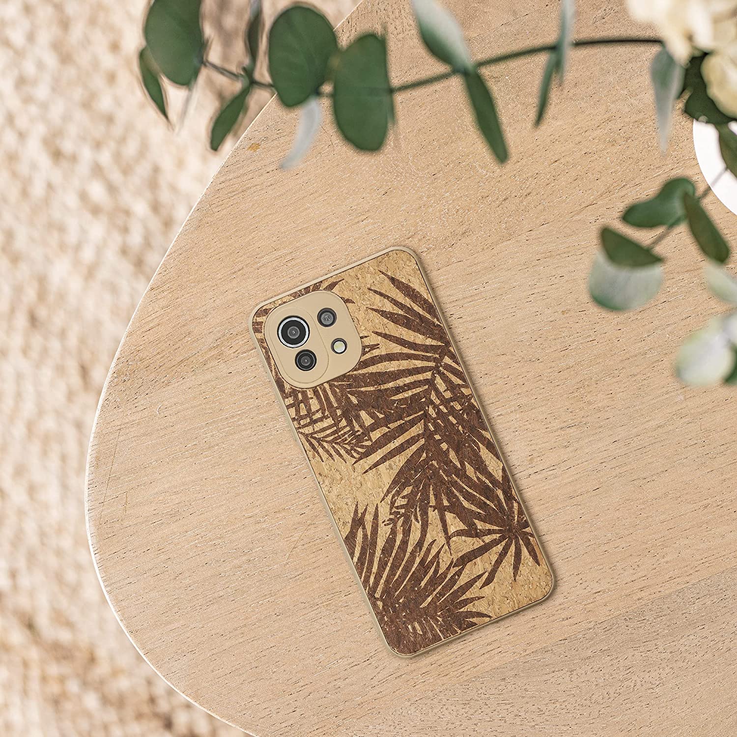 KW Xiaomi Mi 11 Lite / Mi 11 Lite 5G Σκληρή Θήκη από Φελλό με Πλαίσιο Σιλικόνης - Design Palm Leaves - Dark Brown / Light Brown - 57927.01