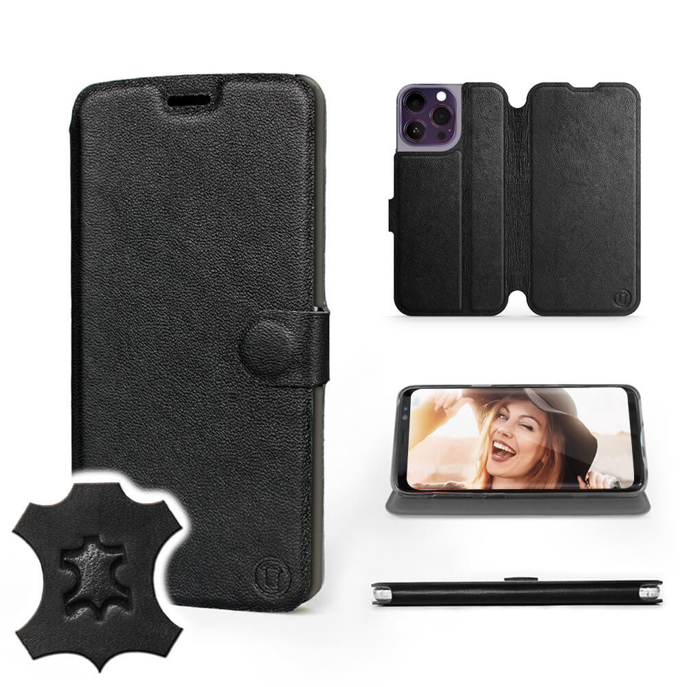Mobiwear iPhone 14 Pro Max Θήκη Βιβλίο Slim Flip από Γνήσιο Δέρμα - Μαύρη - L_BLS