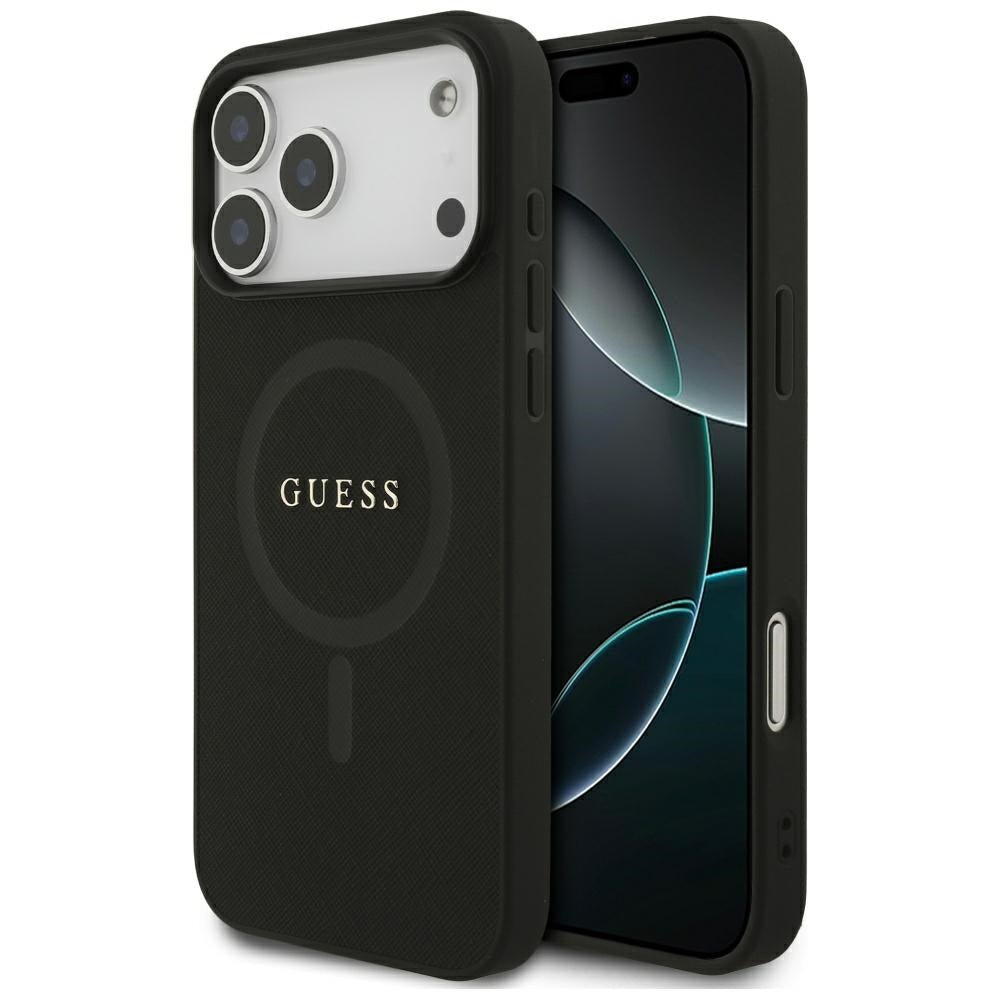 Guess iPhone 17 Pro Max - Saffiano Classic Logo MagSafe - Σκληρή Θήκη με Πλαίσιο Σιλικόνης και Επένδυση Οικολογικού Δέρματος - Black - GUHMP17XPSAHMCK