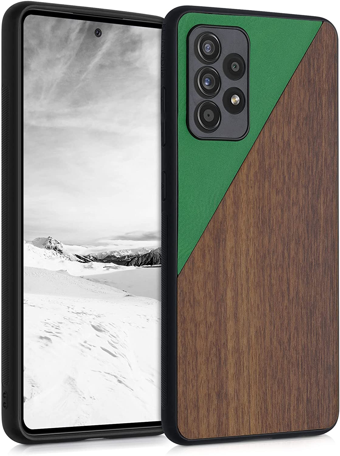 KW Samsung Galaxy A52 / A52 5G / A52s 5G Θήκη από Φυσικό Ξύλο και Συνθετικό Δέρμα - Dark Green / Brown - 54954.03