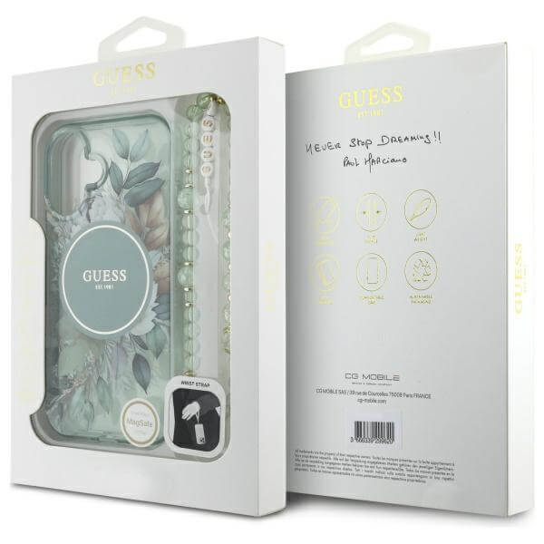 Guess iPhone 16 Plus - IML Flowers With Pearl Strap MagSafe - Σκληρή Θήκη με Πλαίσιο Σιλικόνης και Λουράκι - Green - GUHMP16MHFWBRCESN