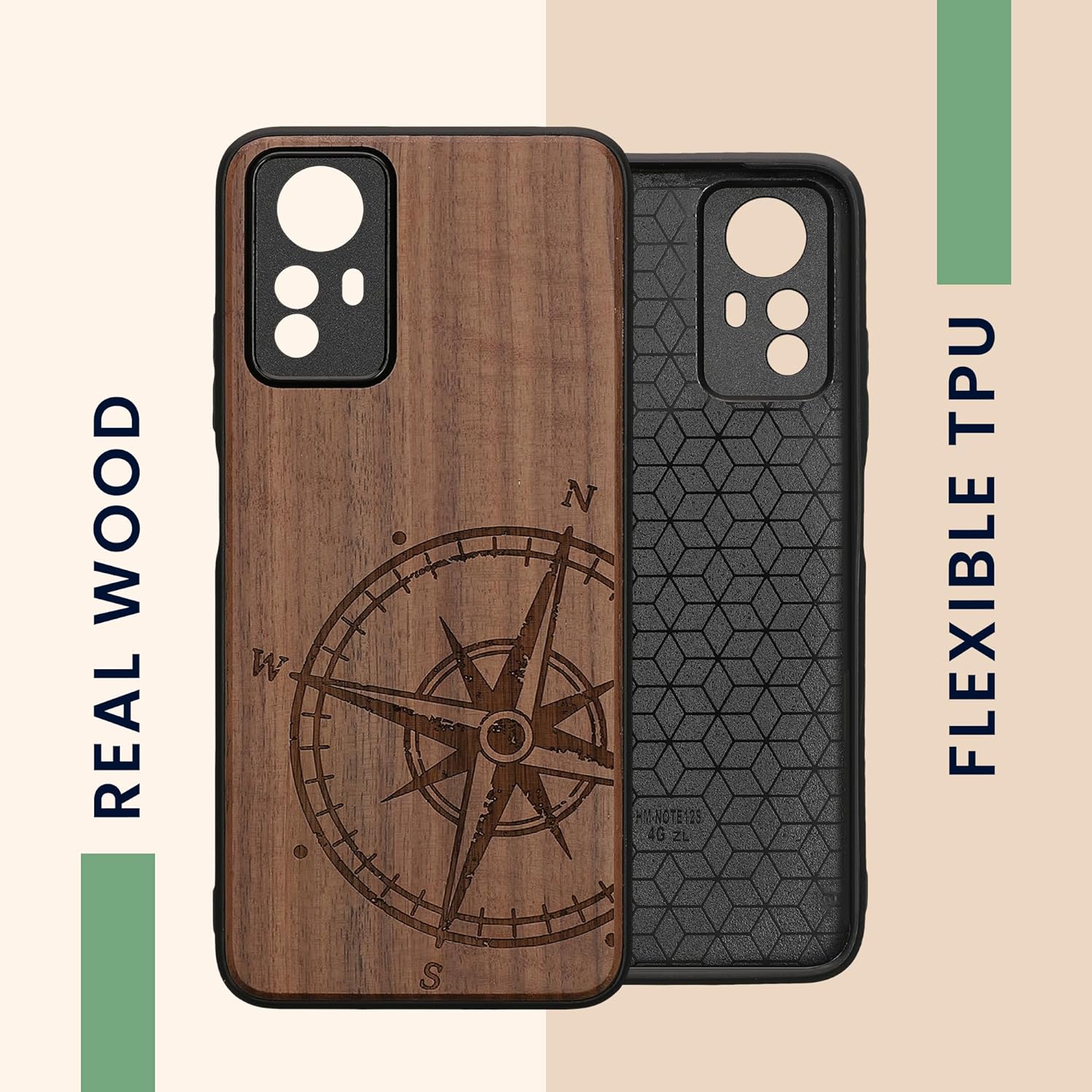 KW Xiaomi Redmi Note 12S Θήκη από Φυσικό Ξύλο - Design Navigational Compass - Dark Brown - 60692.01