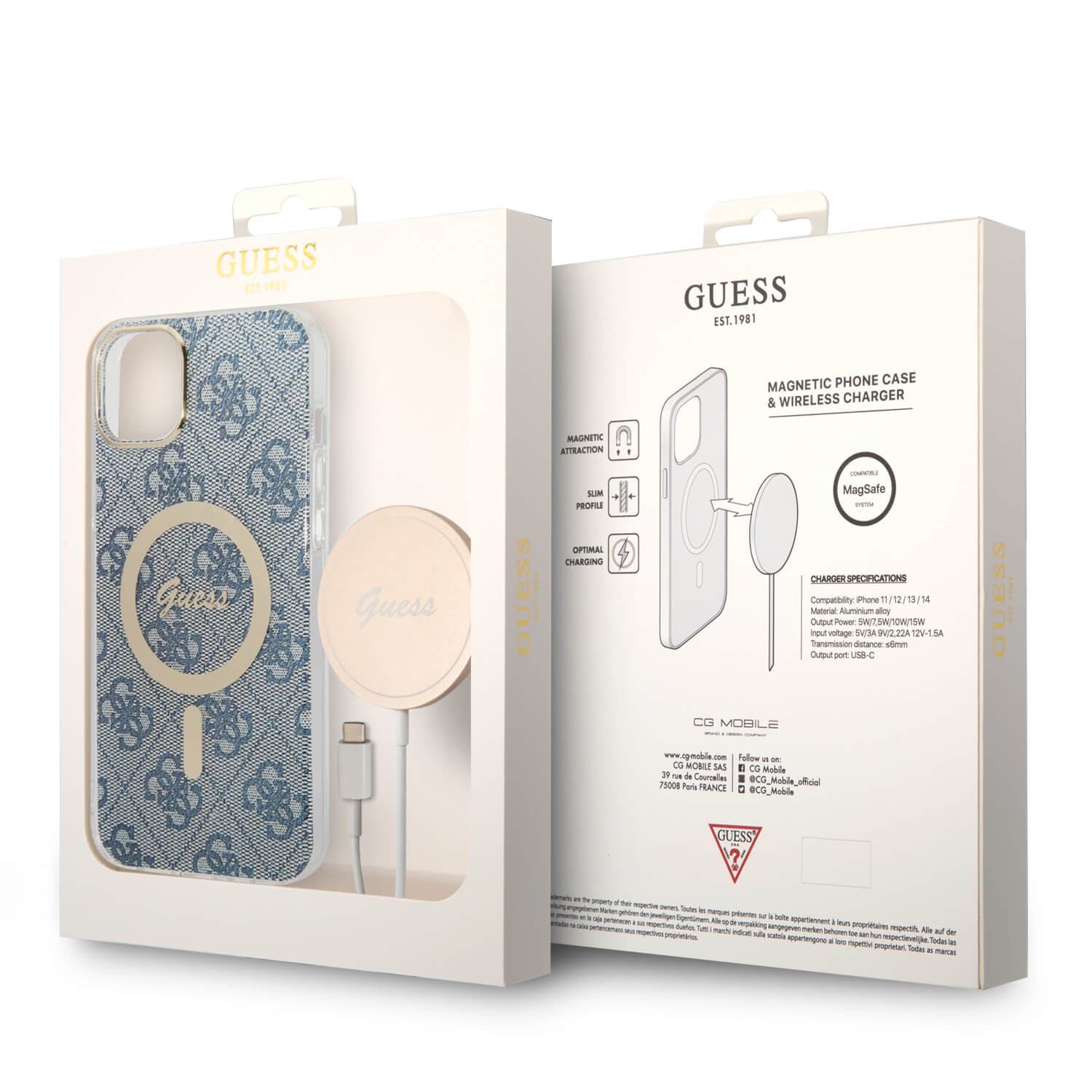 Guess iPhone 15 Plus / 14 Plus - Bundle Pack - Σετ Σκληρή Θήκη με Πλαίσιο Σιλικόνης και Ασύρματος Φορτιστής MagSafe - Design 4G Print MagSafe - Blue - GUBPP14MH4EACSB