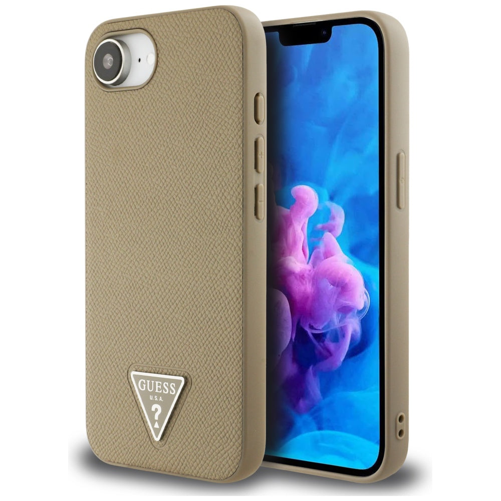 Guess iPhone 16e - Grained Triangle MagSafe - Σκληρή Θήκη με Επένδυση Συνθετικού Δέρματος και Πλαίσιο Σιλικόνης - Brown - GUHMPSE4PGTSPSW