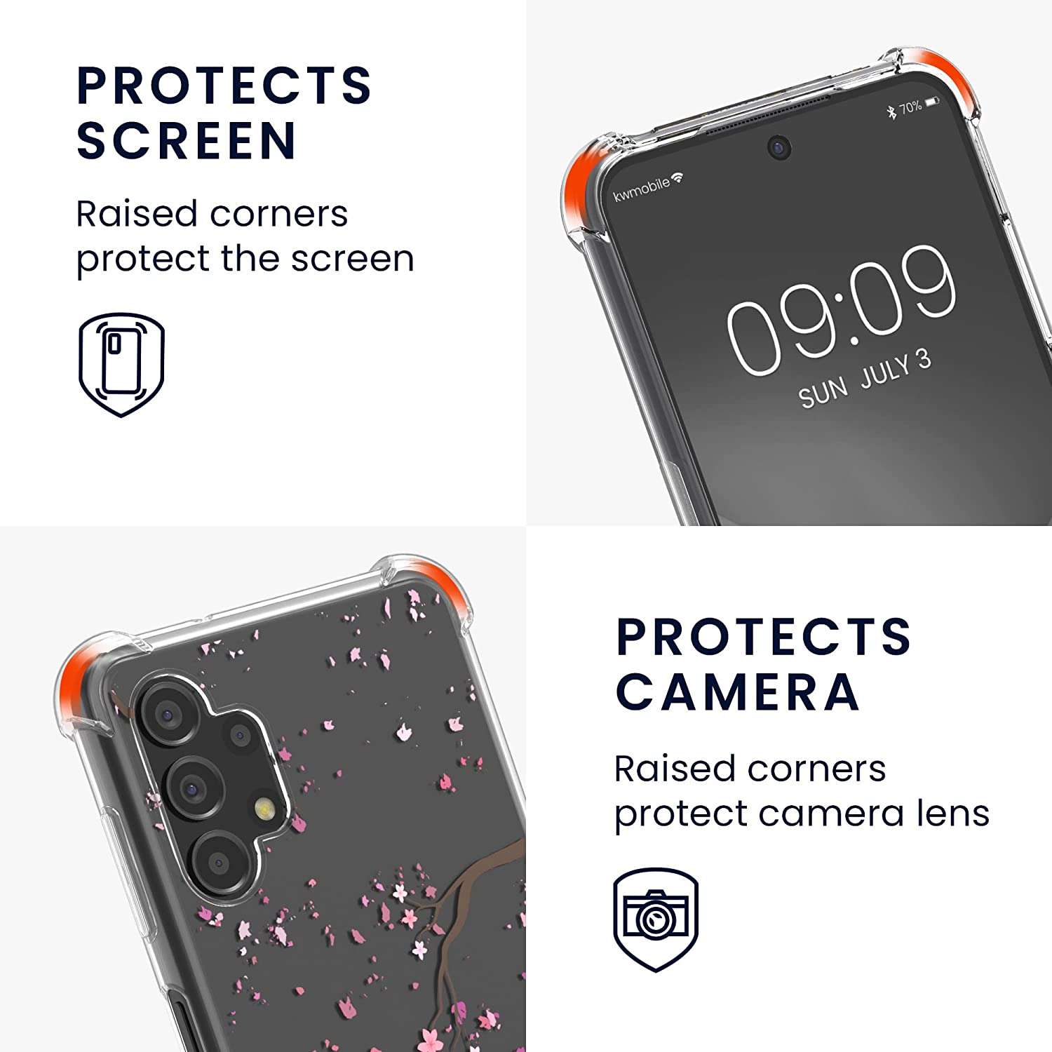 KW Samsung Galaxy A13 4G Θήκη Σιλικόνης TPU με Λουράκι Design Cherry Blossoms - Pink / Dark Brown - Διάφανη - 58232.03