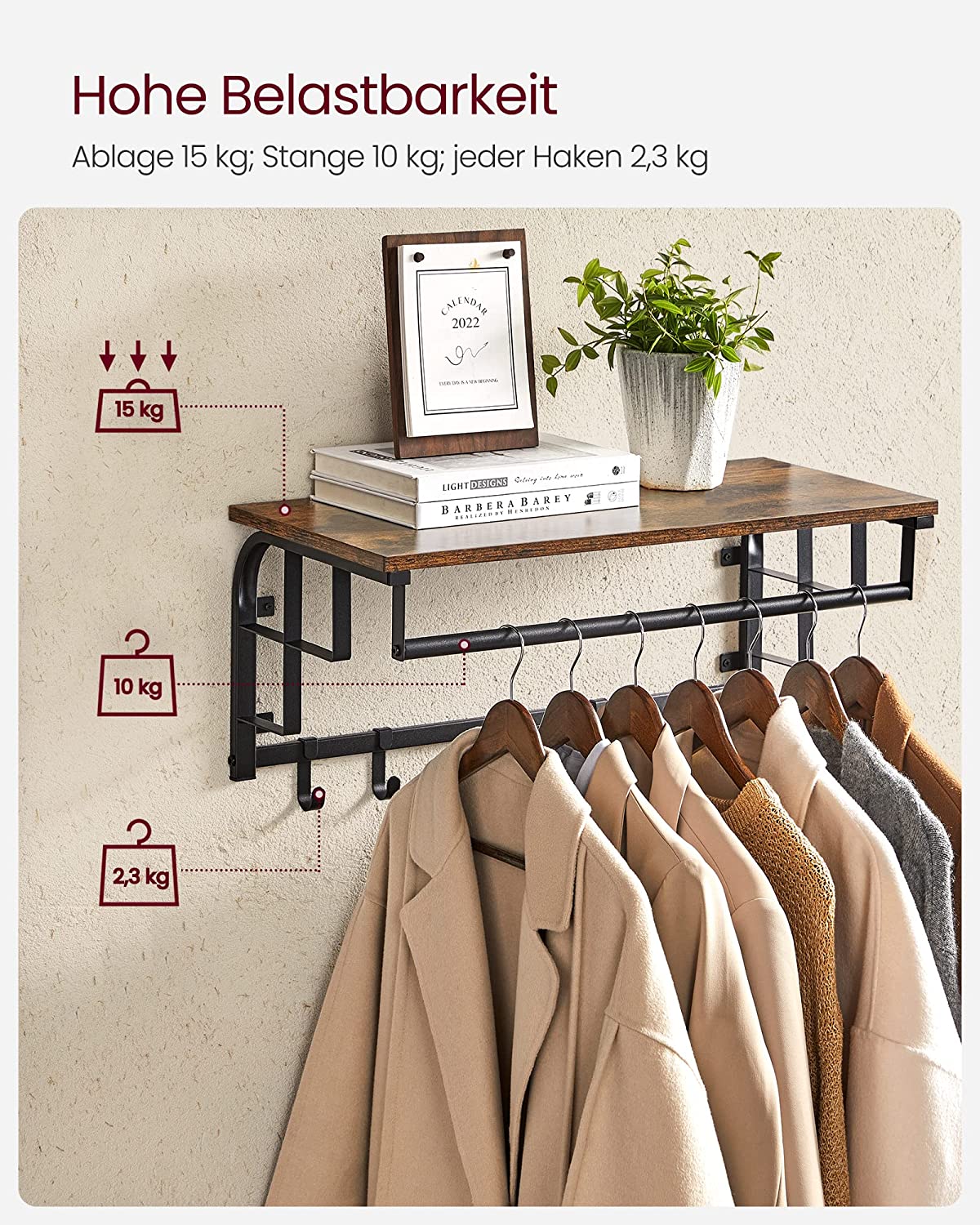Vasagle Επιτοίχια Κρεμάστρα με Ράβδο και με 5 Αφαιρούμενους Γάντζους - 66 x 30 x 27 cm - Vintage Brown / Black - LCR12BX