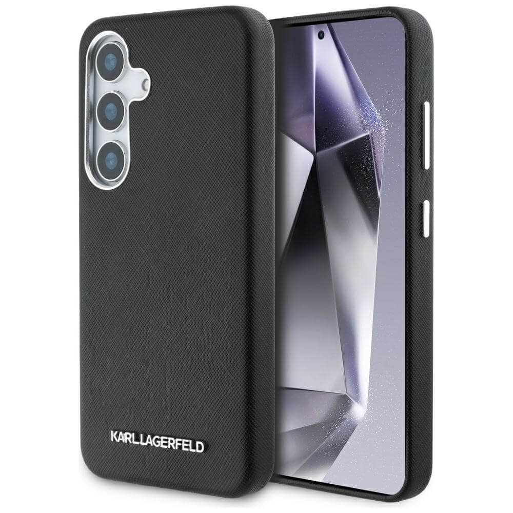 Karl Lagerfeld Samsung Galaxy S25 Plus - Saffiano Full Wrapped Elongated Metal Logo - MagSafe Σκληρή Θήκη με Επένδυση Συνθετικού Δέρματος και Πλαίσιο Σιλικόνης - Black - KLHMS25MPSAFWMCK