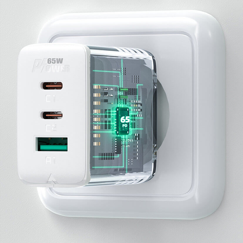 Acefast A13 65W Οικιακός Φορτιστής Γρήγορης Φόρτισης με 2 Θύρες Type-C και 1 Θύρα USB με Καλώδιο Type-C to Type-C - White