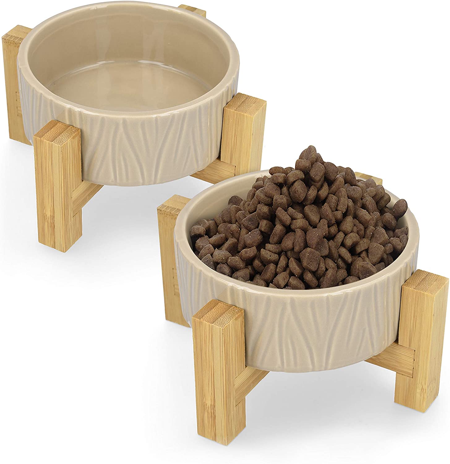 Navaris Cat Bowls with Wood Stands - Σετ με 2 Μπολ Φαγητού και Νερού με Βάση από Μπαμπού για Κατοικίδια - Beige - 52177.43.1