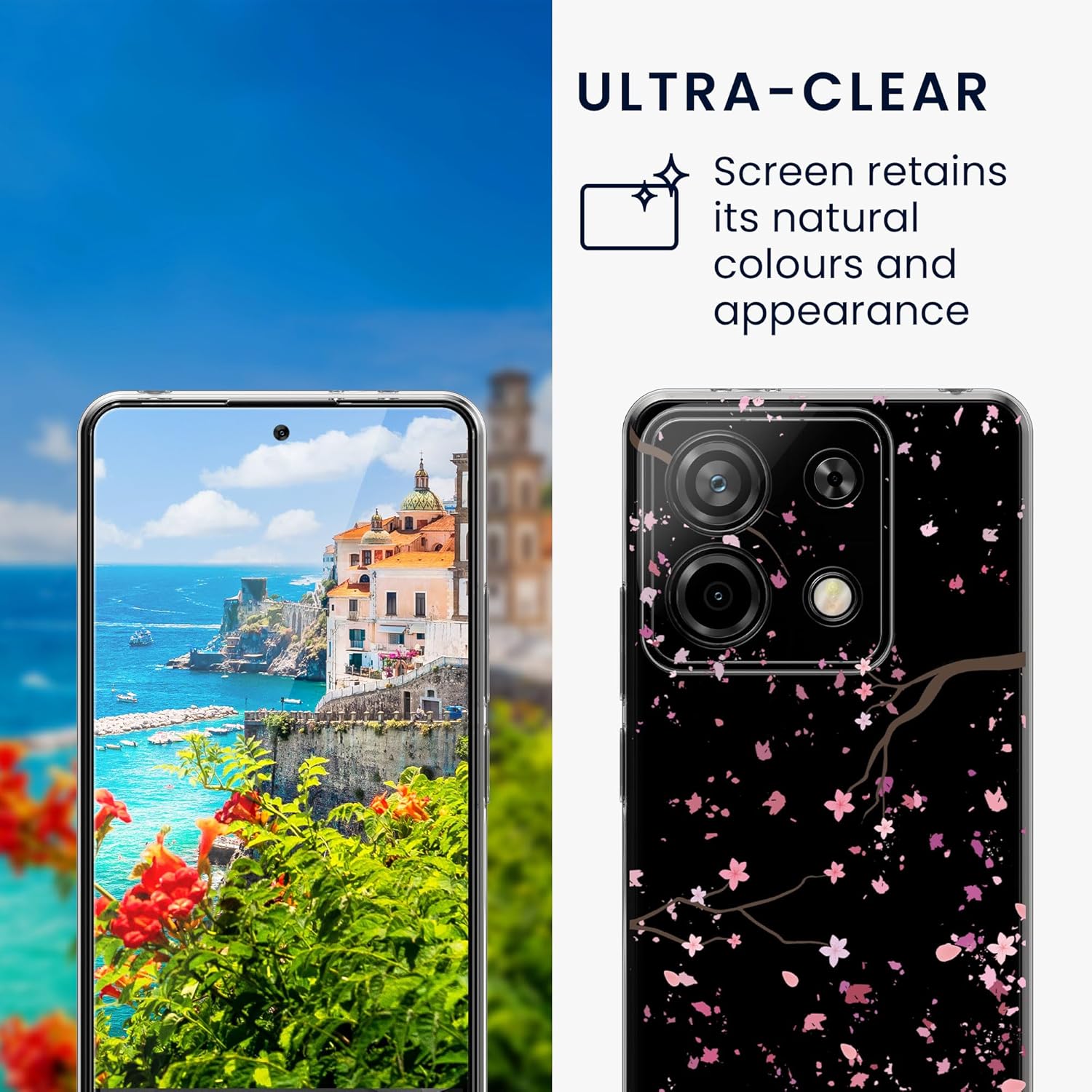 KW Xiaomi Redmi Note 13 Pro 5G / Poco X6 5G Θήκη Σιλικόνης TPU με Αντιχαρακτικό Γυαλί - Design Cherry Blossoms Petals - Pink / Dark Brown / Διάφανη