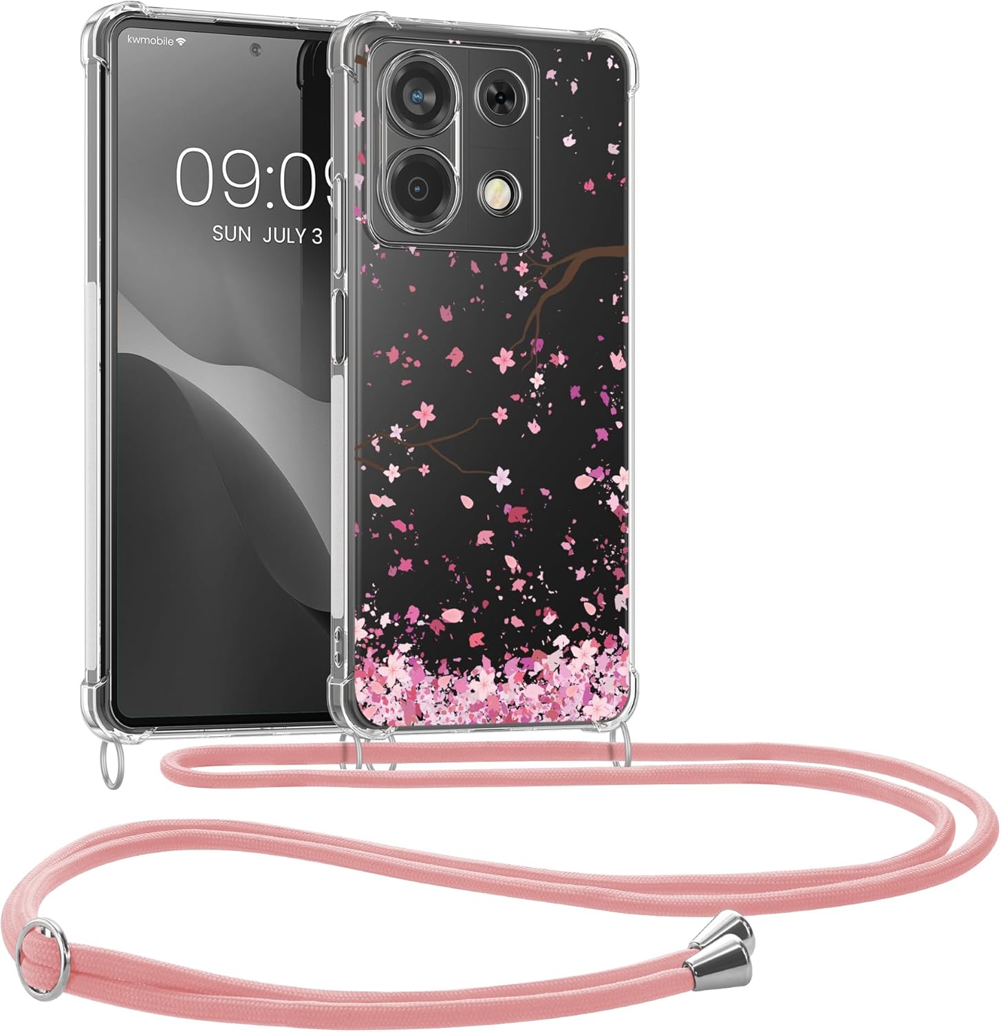 KW Xiaomi Redmi Note 13 5G Θήκη Σιλικόνης TPU με Λουράκι - Design Cherry Blossom Leaves - Pink / Dark Brown / Διάφανη