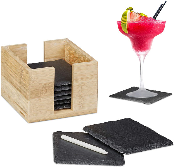 Relaxdays Σετ με 8 Τετράγωνα Σουβέρ από Σχιστόλιθο με Ξύλινη Βάση και Κιμωλία - Grey / Natural - 4052025273033