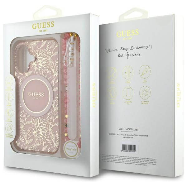 Guess iPhone 16 Plus - IML Flowers Allover Electro With Pearl Strap MagSafe - Σκληρή Θήκη με Πλαίσιο Σιλικόνης και Λουράκι - White / Pink - GUHMP16MHCPOFPP