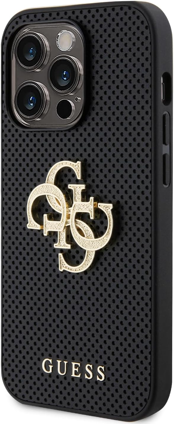 Guess iPhone 15 Pro Leather Perforated 4G Glitter Θήκη με Επένδυση Συνθετικού Δέρματος - Black - GUHCP15LPSP4LGK
