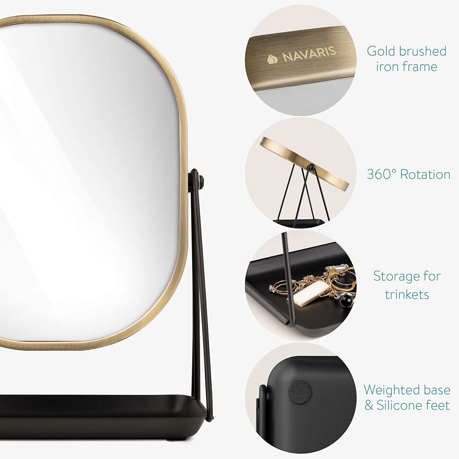Navaris Καθρέπτης Μακιγιάζ με Βάση Αποθήκευσης Κοσμημάτων - Gold - 53332.21