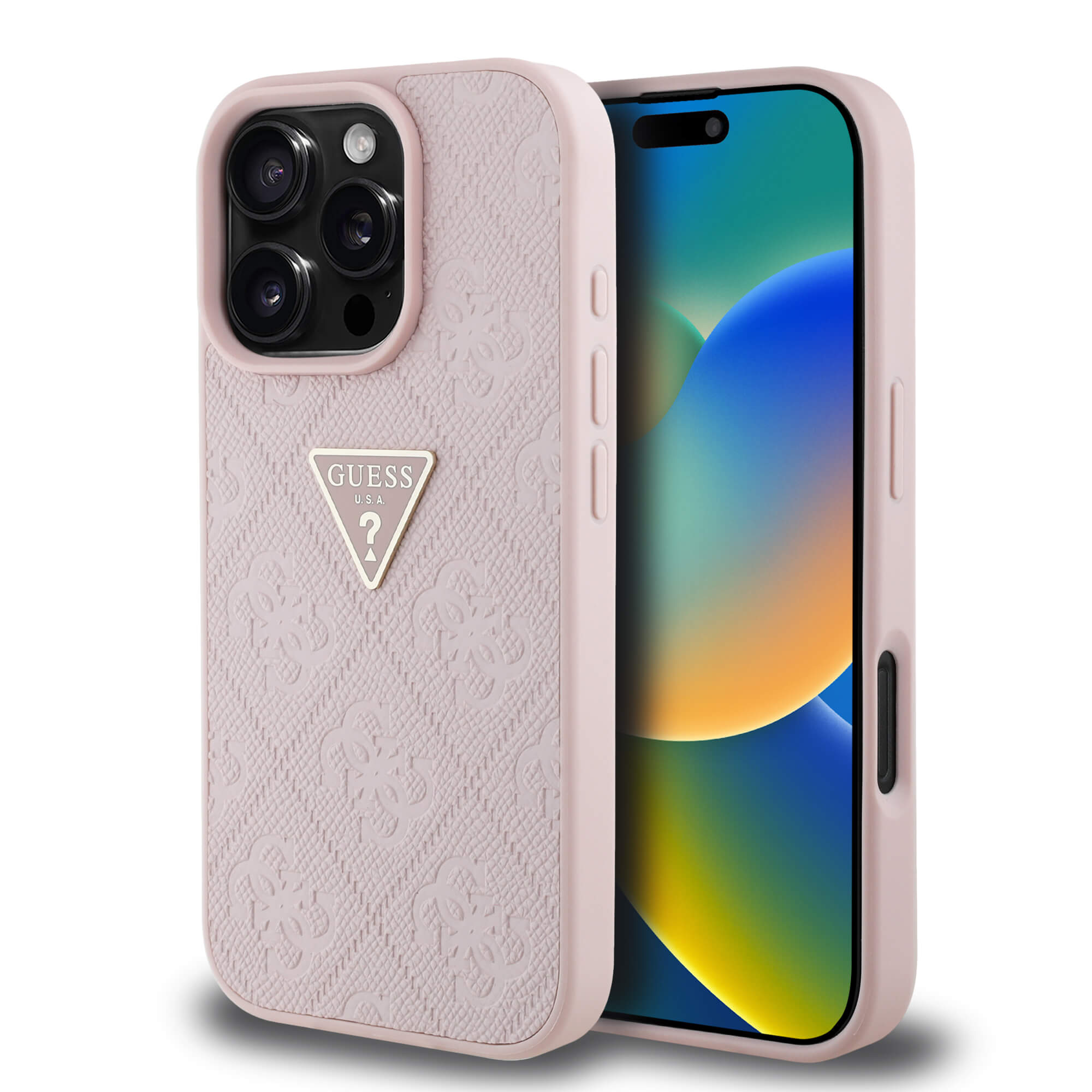 Guess iPhone 16 Pro - Hot Stamp 4G Pattern Triangle Metal Logo - Θήκη με Επένδυση Συνθετικού Δέρματος και Πλαίσιο Σιλικόνης - Pink - GUHCP16LPGP4STRP