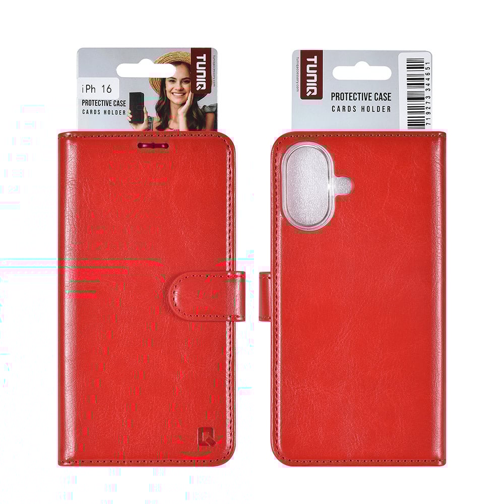 Tuniq iPhone 16 - Θήκη Πορτοφόλι Stand από Δερματίνη - Red
