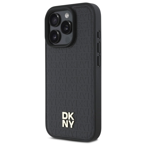 DKNY iPhone 16 Pro Max - Repeat Pattern Stack Logo MagSafe - Σκληρή Θήκη με Επένδυση Συνθετικού Δέρματος - Black