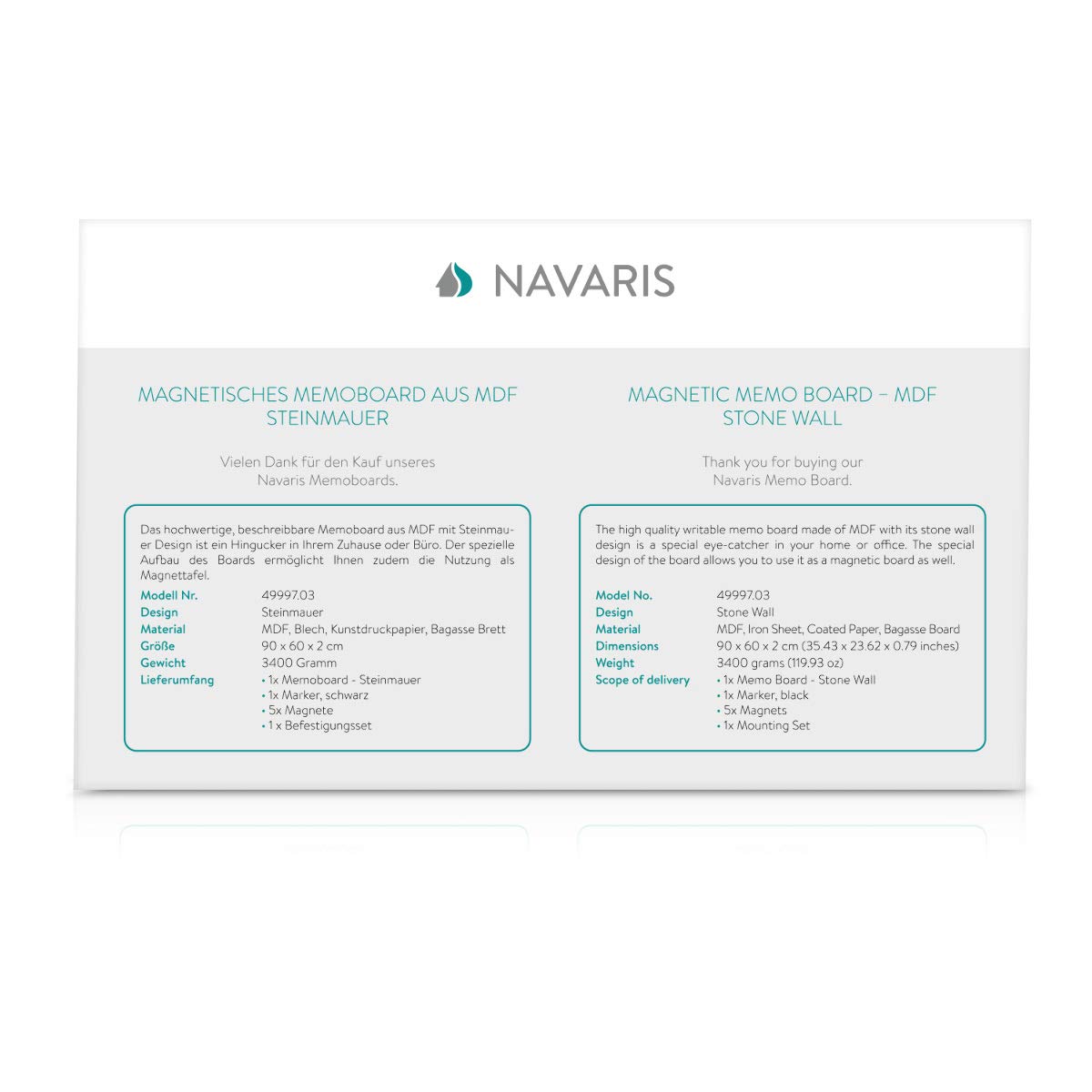 Navaris Magnetic Memo Board - Μαγνητικός Πίνακας Ανακοινώσεων - 60 x 90 cm - Design Stone Wall - 49997.03