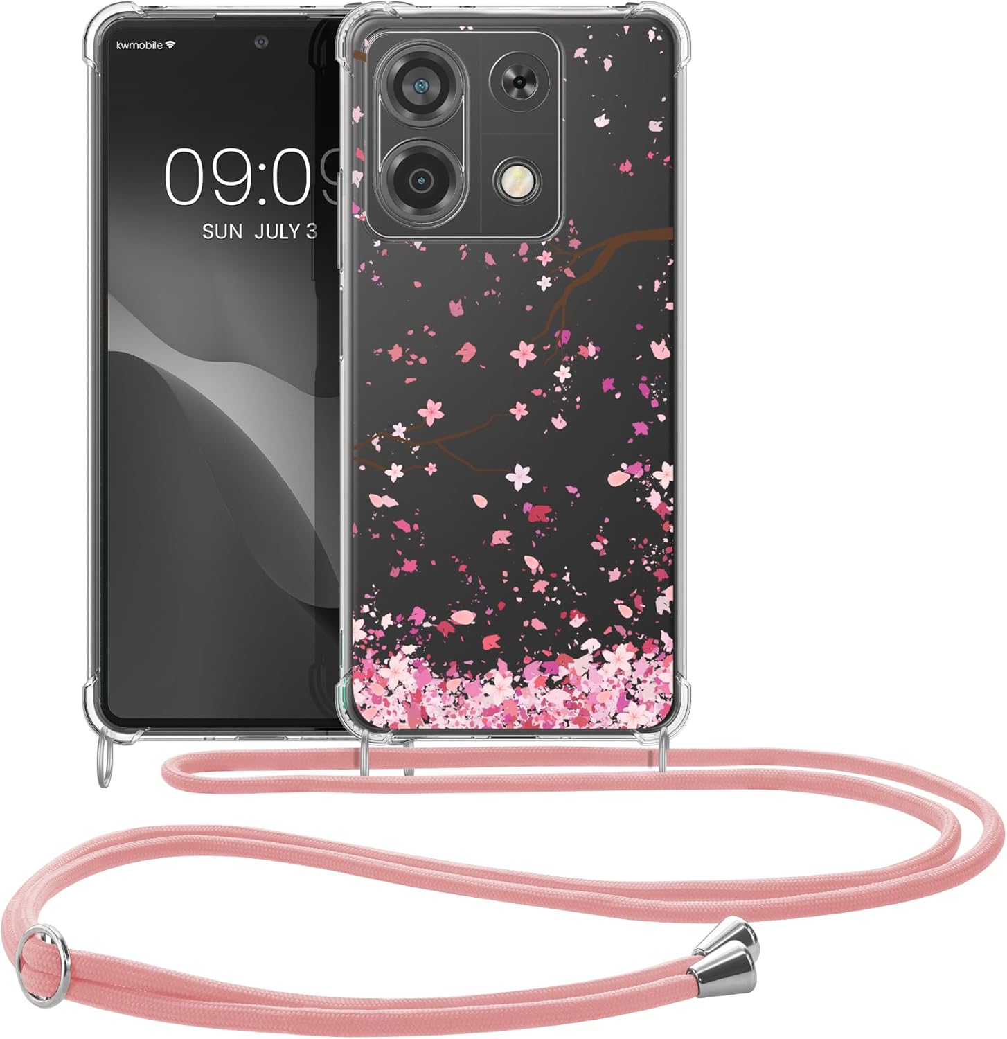 KW Xiaomi Redmi Note 13 5G Θήκη Σιλικόνης TPU με Λουράκι - Design Cherry Blossom Leaves - Pink / Dark Brown / Διάφανη