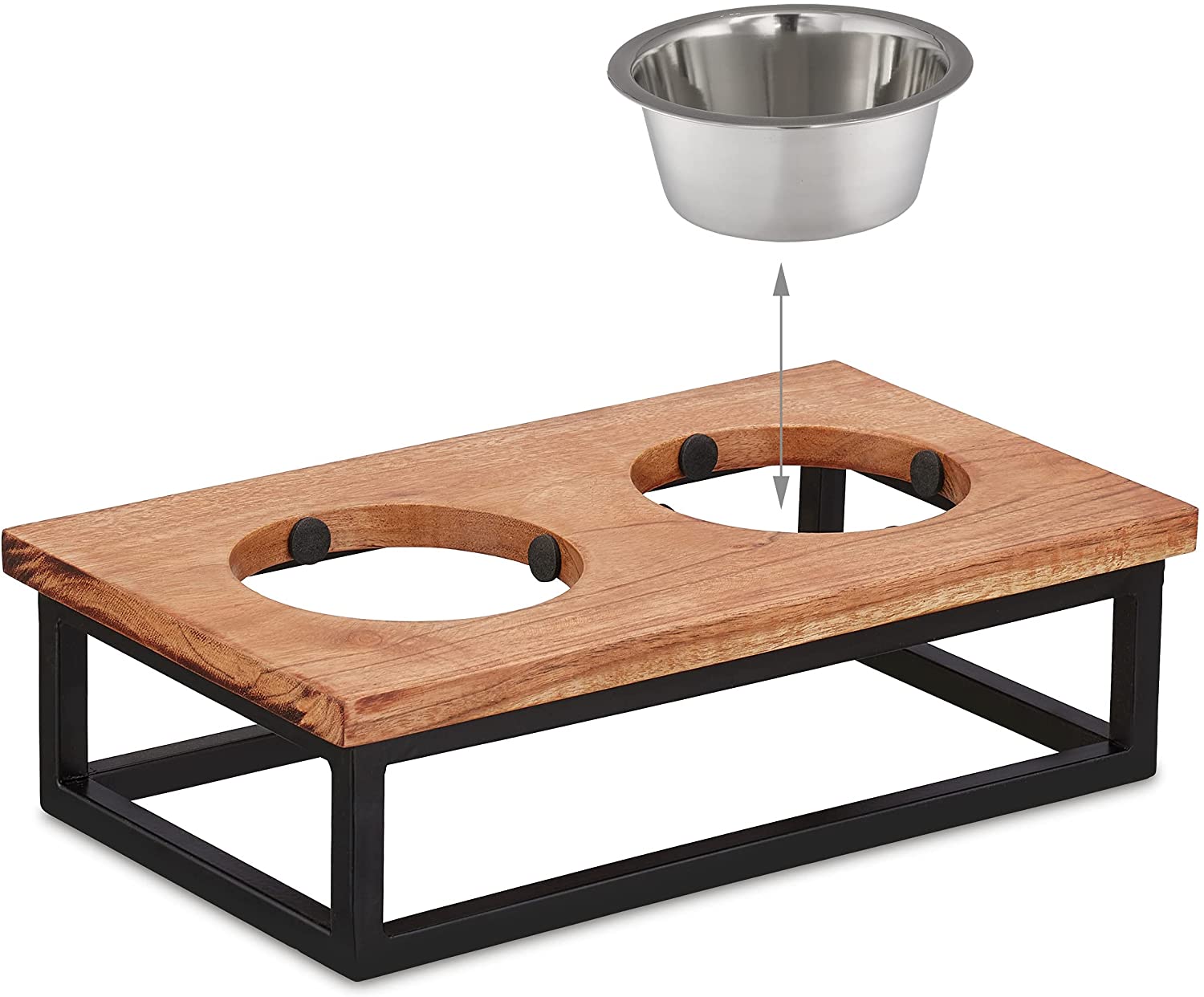 Relaxdays Ξύλινη Βάση από Ακακία με 2 Μπολ από Ανοξείδωτο Ατσάλι για Κατοικίδια - 300 ml - Natural / Black - 4052025373825