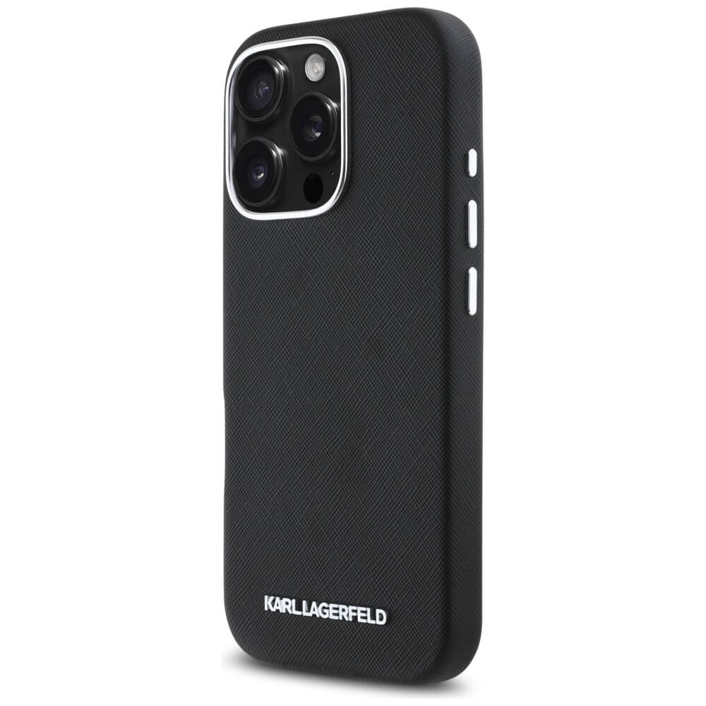 Karl Lagerfeld iPhone 16 Pro - Saffiano Full Wrapped Elongated Metal Logo - MagSafe Σκληρή Θήκη με Επένδυση Συνθετικού Δέρματος και Πλαίσιο Σιλικόνης - Black - KLHMP16LPSAFWMCK