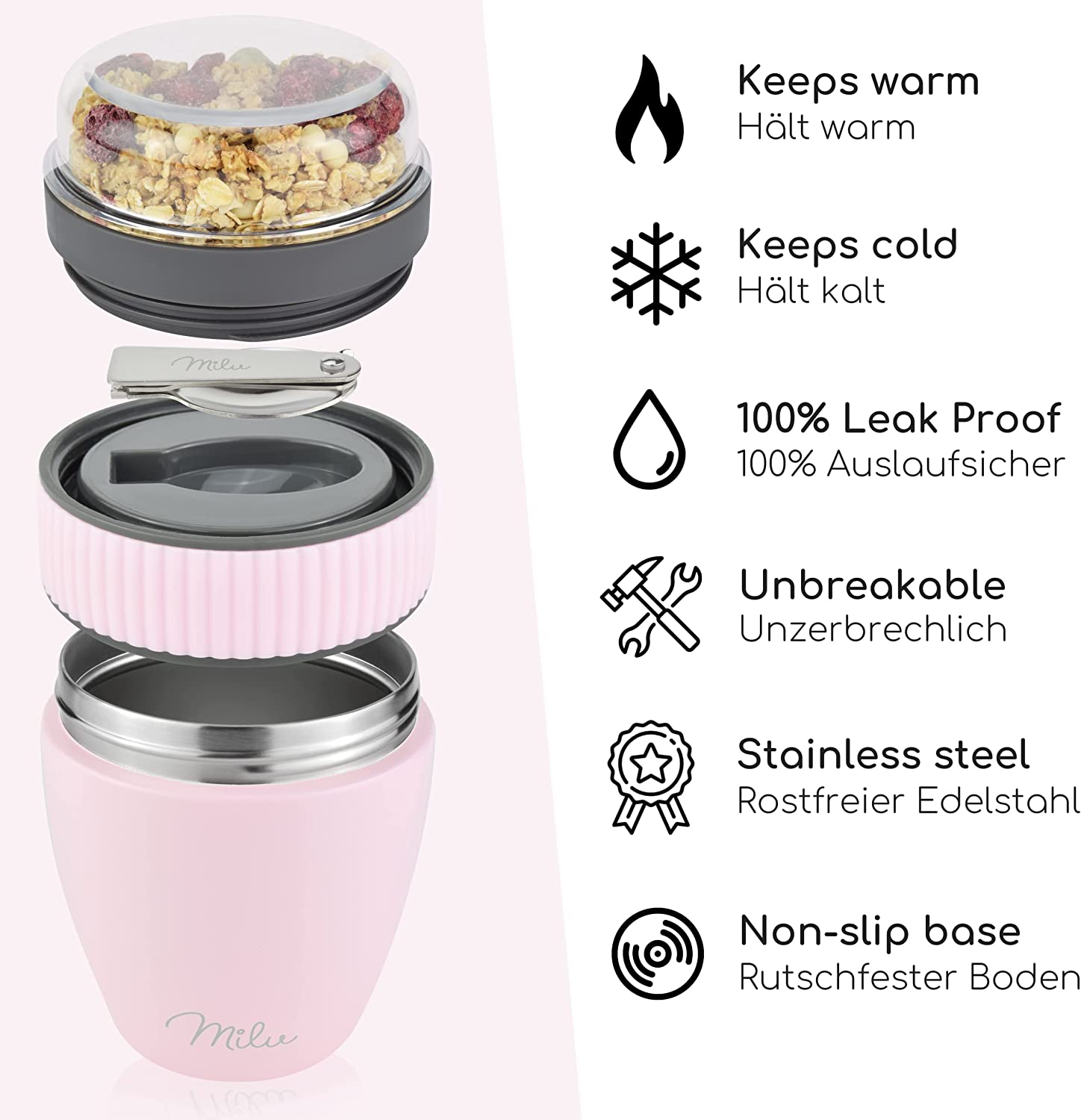 Milu SP Cereal Cup to Go Φορητό Δοχείο Φαγητού από Ανοξείδωτο Ατσάλι με Κουτάλι - 400ml - Pink - 2518