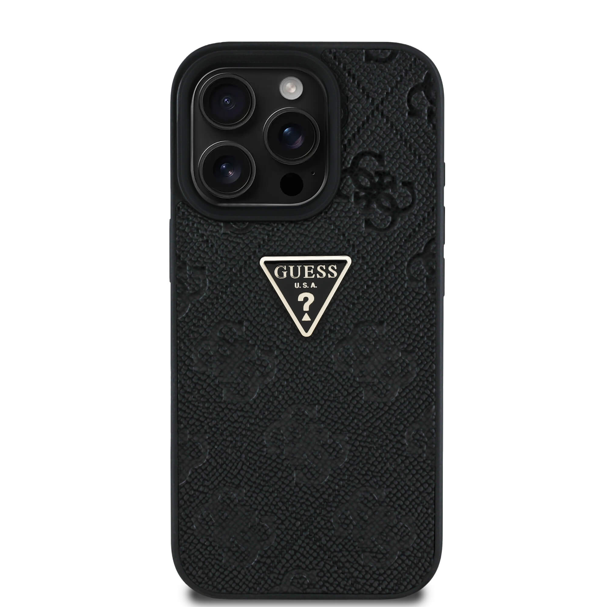 Guess iPhone 16 Pro - Hot Stamp 4G Pattern Triangle Metal Logo - Θήκη με Επένδυση Συνθετικού Δέρματος και Πλαίσιο Σιλικόνης - Black - GUHCP16LPGP4STRK